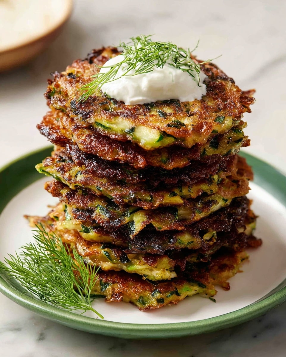 A tall stack of seven golden-brown vegetable fritters with a crispy texture and visible green zucchini pieces is placed in the center of a white plate, which itself sits on a green plate. The fritters show a mix of light and dark browned spots, indicating a well-fried surface, with bits of herbs scattered throughout. On the top fritter, there is a dollop of white sour cream garnished with a small sprig of fresh green dill. A sprig of dill also rests on the white plate beside the stack. The setting is on a white marbled surface. Photo taken with an iphone --ar 4:5 --v 7