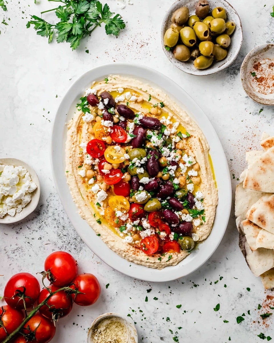 The dish is served on a white oval plate placed on a white marbled surface and has three main layers. The bottom layer is a smooth, creamy beige hummus spread evenly across the plate with slight ridges. On top of the hummus, there are scattered bright red cherry tomato halves, light green and dark purple olives, small beige chickpeas, and crumbled white cheese. Fresh green parsley leaves are sprinkled over everything for a pop of color. Some olive oil is drizzled over the hummus, giving it a slight shine, and a light dusting of ground spice adds texture on one side. Around the plate, there are small white bowls with olives and cheese, bright tomatoes on the vine, and pieces of pita bread nearby. Photo taken with an iphone --ar 4:5 --v 7