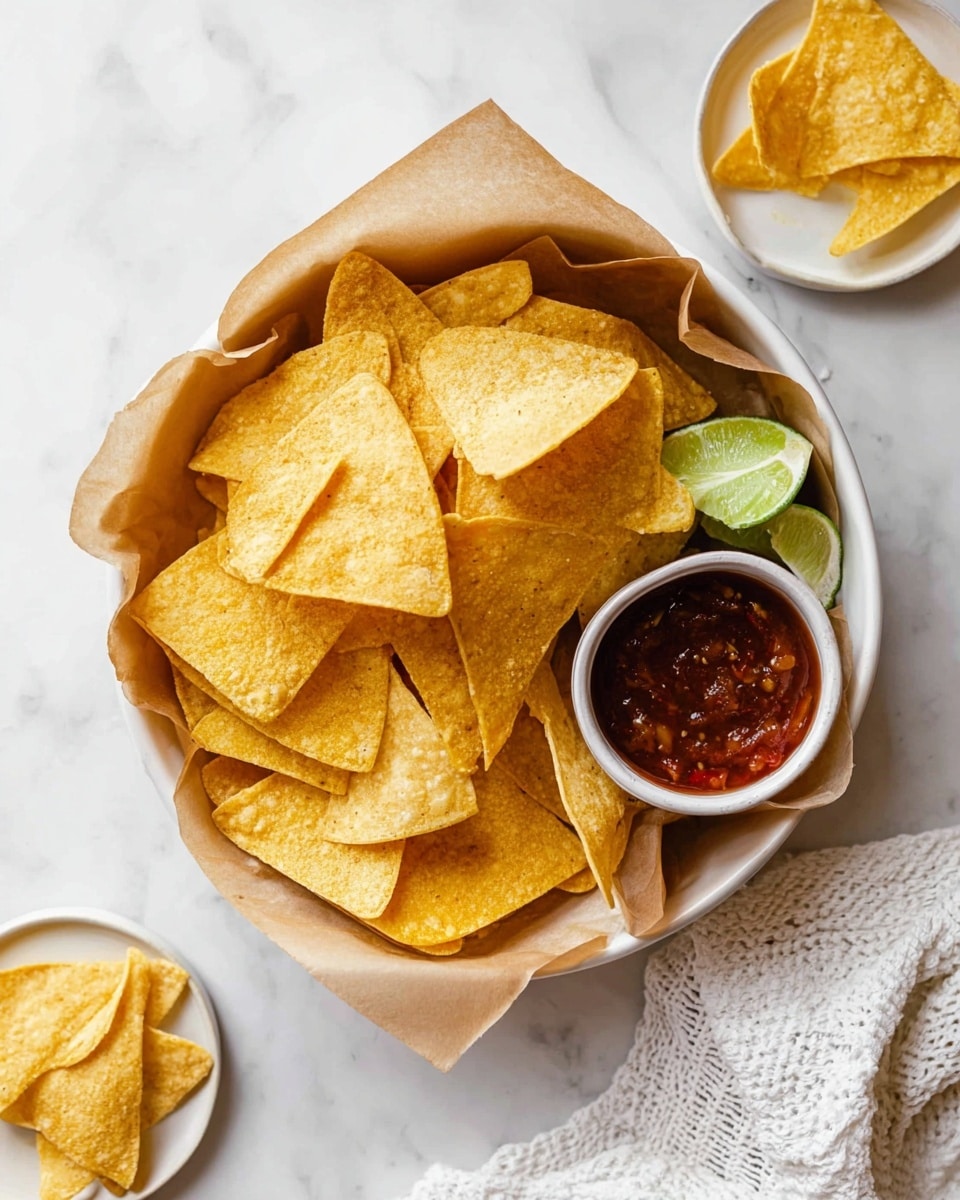 A white bowl lined with light brown parchment paper is filled with a single thick layer of golden yellow triangular tortilla chips, some slightly browned. A small white bowl with dark red salsa, showing bits of vegetables, sits on top of the chips near the edge. Two lime wedges peek out from one side of the chips. The bowl is placed on a white marbled surface with a small white plate holding a few tortilla chips nearby. A soft white textured cloth is on the lower right side of the image. photo taken with an iphone --ar 4:5 --v 7
