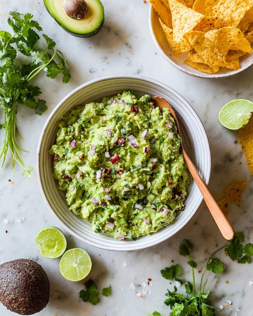 The image shows a bowl filled with chunky guacamole, featuring a bright green base mixed with small red and white onion pieces scattered throughout. The guacamole sits in a white ribbed bowl at the center of the frame, with a light brown wooden spoon resting inside the bowl on the right side. Around the bowl, there are several squeezed lime halves with a pale green color, some fresh green cilantro sprigs, and a brown avocado with its green flesh scooped out. To the top right, a white bowl holds broken yellow corn tortilla chips with visible seasoning. The entire scene is set on a white marbled surface that adds a soft textured background to the fresh and colorful elements. Photo taken with an iphone --ar 4:5 --v 7