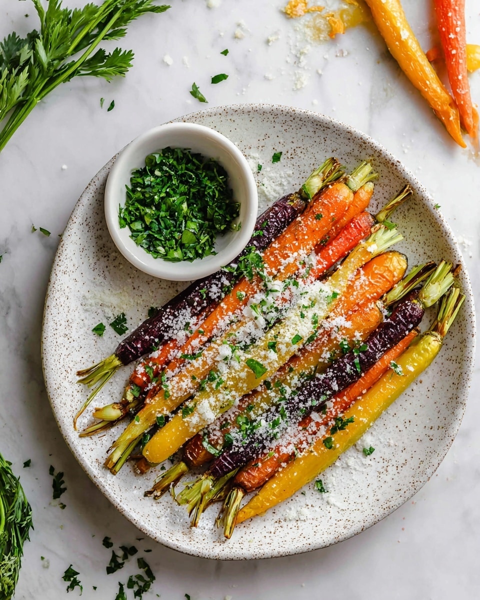 A white speckled plate holds one layer of roasted rainbow carrots in purple, yellow, and orange shades, all arranged side by side with green tops visible. The carrots are sprinkled with grated white cheese and small chopped green herbs, scattered lightly across the plate. A small white bowl filled with fresh green chopped herbs sits on the plate’s upper left edge. The scene is set on a white marbled surface with carrot tops and peels casually placed around. Photo taken with an iphone --ar 4:5 --v 7
