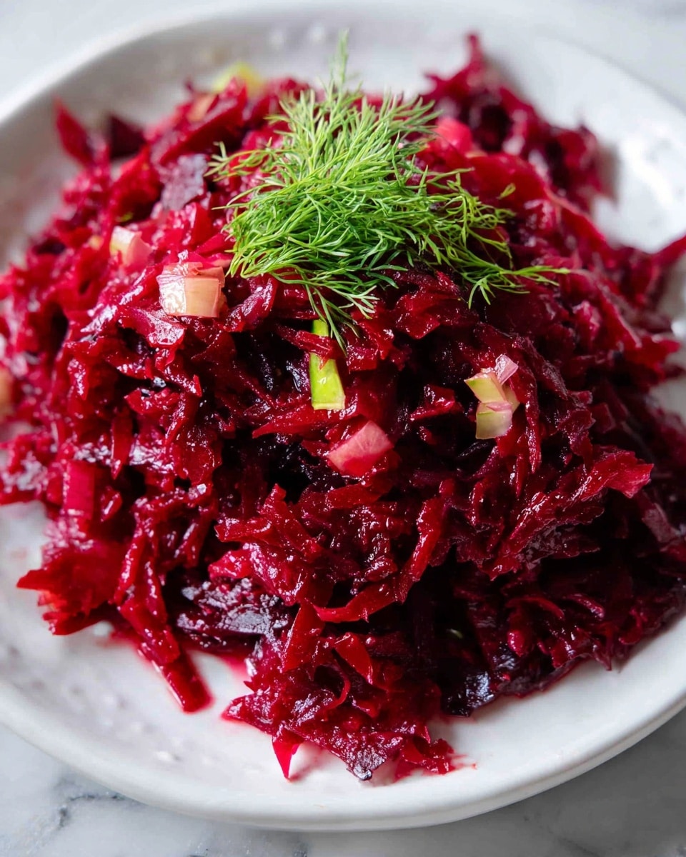 A close-up view of a white plate with a single layer of finely shredded, deep red beet salad mixed with small chunks of lighter red and pale green vegetables, all piled loosely in the center. The salad has a glossy, moist texture and a small sprig of fresh green dill placed on top as a garnish. The plate rests on a white marbled surface. photo taken with an iphone --ar 4:5 --v 7
