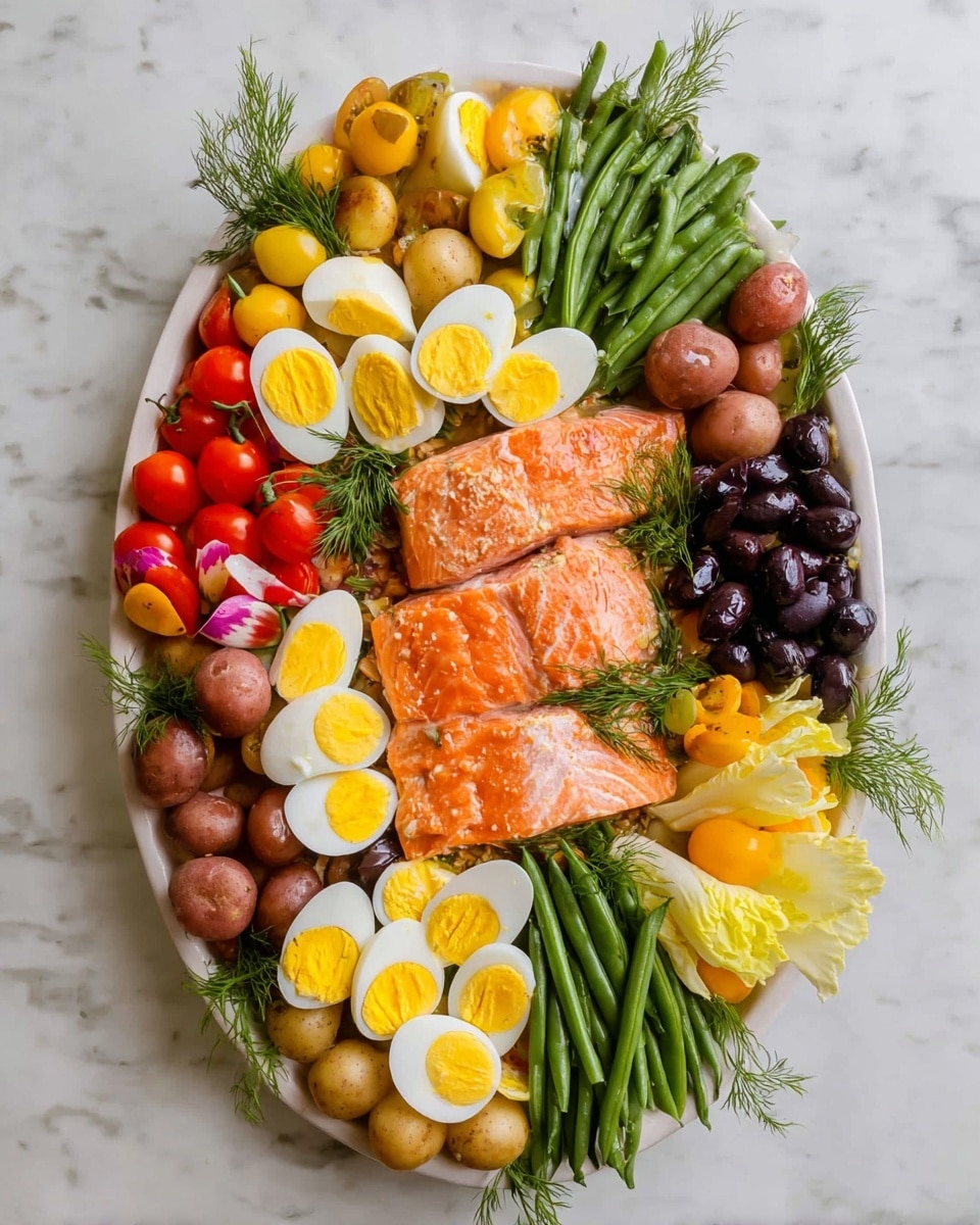 The dish is on a large white oval platter placed on a white marbled surface, layered visually with a variety of colorful foods. At the center, there are three pieces of cooked salmon with a light orange, flaky texture. Surrounding the salmon are small round light pink potatoes and bunches of black olives. Bright yellow and white halved boiled eggs with bright yellow yolks are placed evenly around the dish. There are fresh green beans stacked in bundles near the top and bottom edges. Bright yellow and red cherry tomatoes are cut in halves and scattered near the top and bottom center. Pale yellow endive leaves with some red tips are placed in groups on the right and left sides, adding a fresh look. Fresh green dill sprigs are dotted among the ingredients to add a touch of green texture. Photo taken with an iphone --ar 4:5 --v 7