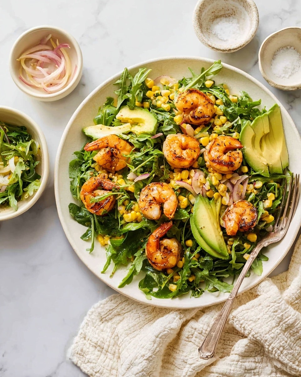A white round plate holds a fresh salad with several layers visible: the bottom layer is dark green arugula leaves scattered evenly, topped with bright yellow corn kernels spread across. On top of the corn and greens are six cooked shrimp with a pinkish-orange color and slight char marks, placed evenly around the plate. Interspersed among the shrimp and greens are creamy light green avocado slices, some leaning against the shrimp. A silver fork rests on the right side of the plate, partially on the food. The plate sits on a white marbled surface next to a cream textured cloth, with two small bowls above it containing salt and thinly sliced shallots with garlic cloves. Photo taken with an iphone --ar 4:5 --v 7