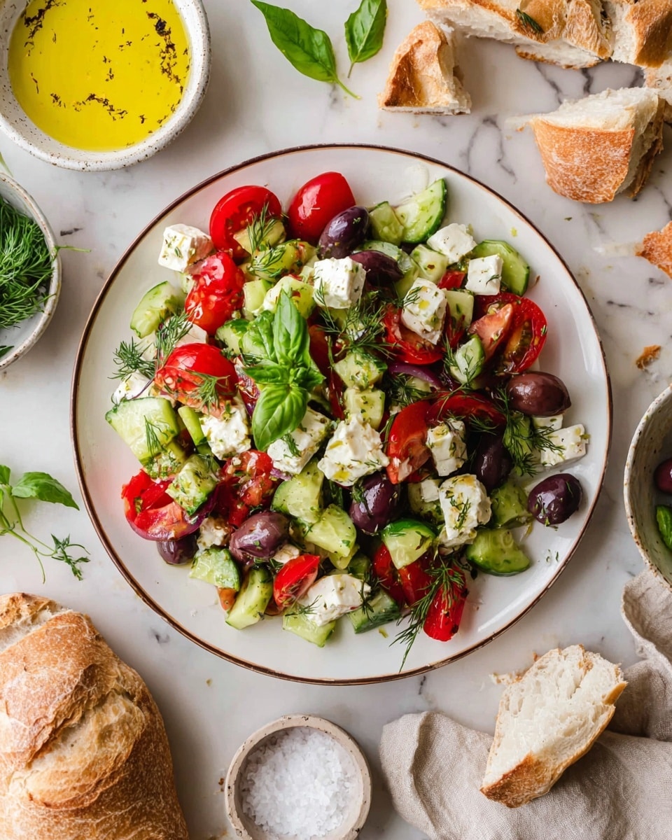 A fresh salad is served in a white round plate with a thin brown rim, filled with three main layers: bright red cherry tomato halves and larger tomato chunks, green cucumber slices, and chunks of creamy white cheese scattered on top. Dark purple olives add contrast throughout the salad, while fresh green basil leaves and small sprigs of dill are spread over everything, giving a vibrant and textured look. Around the plate on the white marbled surface are torn pieces of crusty bread, a small white bowl with yellow dressing, and another small bowl with white flaky salt near fresh green herbs. A beige cloth napkin and a white bowl with more salad are slightly visible on the right. photo taken with an iphone --ar 4:5 --v 7