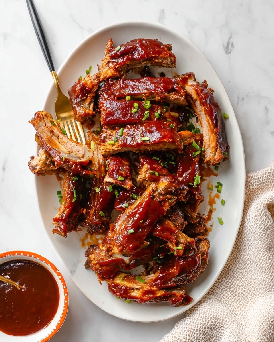 A white oval plate holds a pile of glazed ribs coated with shiny, dark reddish-brown barbecue sauce, each rib showing a mix of tender meat and bones. The ribs are garnished with small green chopped scallions scattered evenly on top. To the side of the plate, a gold fork with a black handle pierces one rib. In the lower left corner, there is a small white bowl with orange trim filled with thick, dark brown barbecue sauce. The dish is placed on a white marbled surface with a light-colored textured cloth partially visible in the bottom right corner. photo taken with an iphone --ar 4:5 --v 7