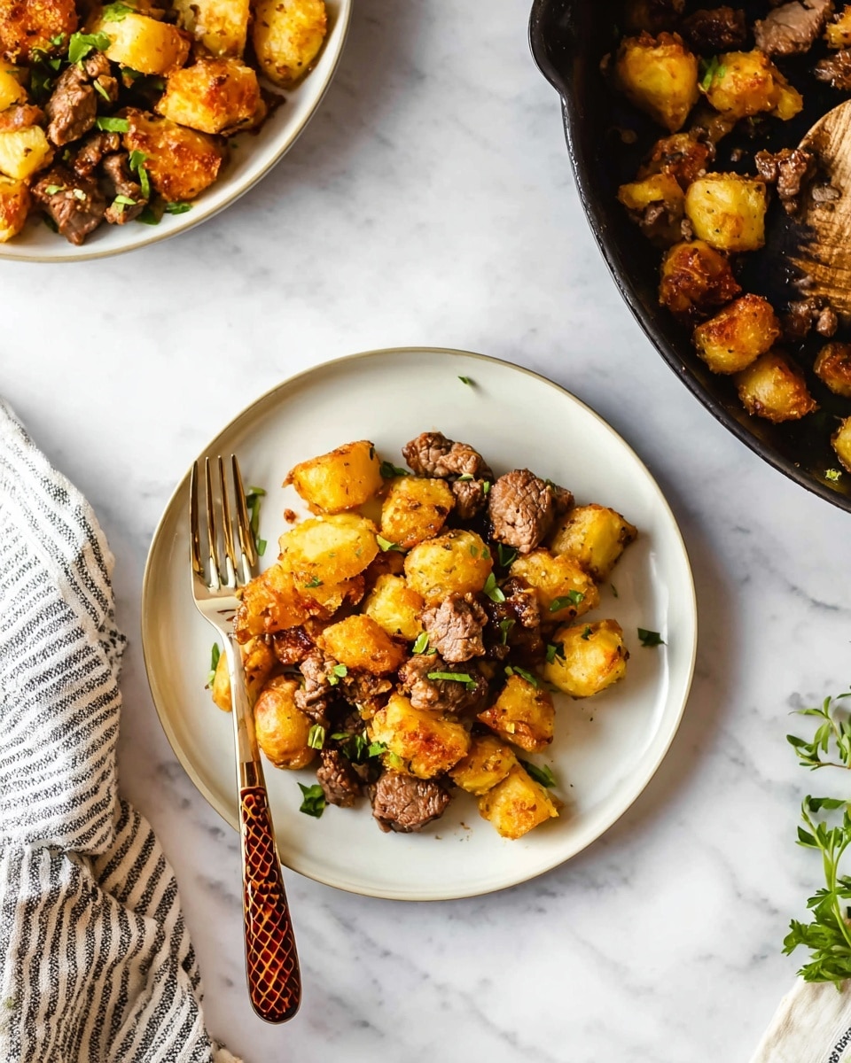 The image shows a white plate filled with two main layers of food: on the bottom, there are golden brown, roughly chopped roasted potatoes with a slightly crispy texture, and on top, there are medium-sized chunks of tender cooked meat with a browned outer surface, mixed in with the potatoes. A fork with a dark tortoiseshell handle rests on the right edge of the plate. Above the plate, there is a black skillet filled with more of the same mix of roasted potatoes and meat. The scene is set on a white marbled surface with some green herb sprigs scattered around and a white and gray striped cloth on the bottom right side. photo taken with an iphone --ar 4:5 --v 7