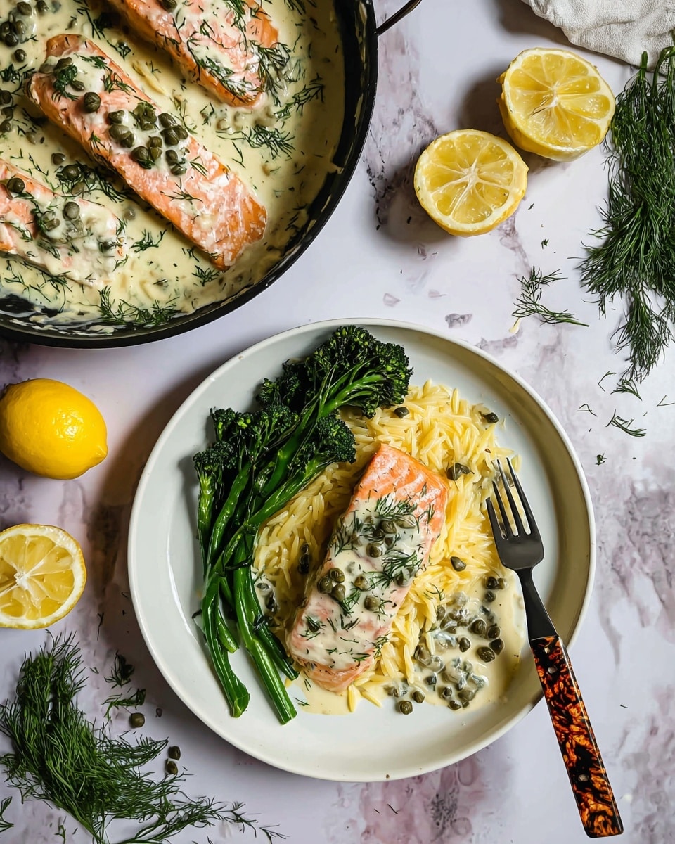 The image shows a white plate with three main layers: at the bottom is a bed of creamy yellow orzo pasta, topped with a bright pink piece of cooked salmon, and covered with a thick, creamy white sauce with green capers and scattered dill sprinkled over it. On one side of the plate are glossy, dark green broccolini stalks. Nearby, a silver fork with a tortoiseshell-patterned handle rests on the plate, ready to eat. In the background, a black pan contains two more salmon fillets covered in the same sauce, garnished with lemon slices and more dill, all set on a white marbled textured surface with some lemon slices and sprigs of dill around. Photo taken with an iphone --ar 4:5 --v 7