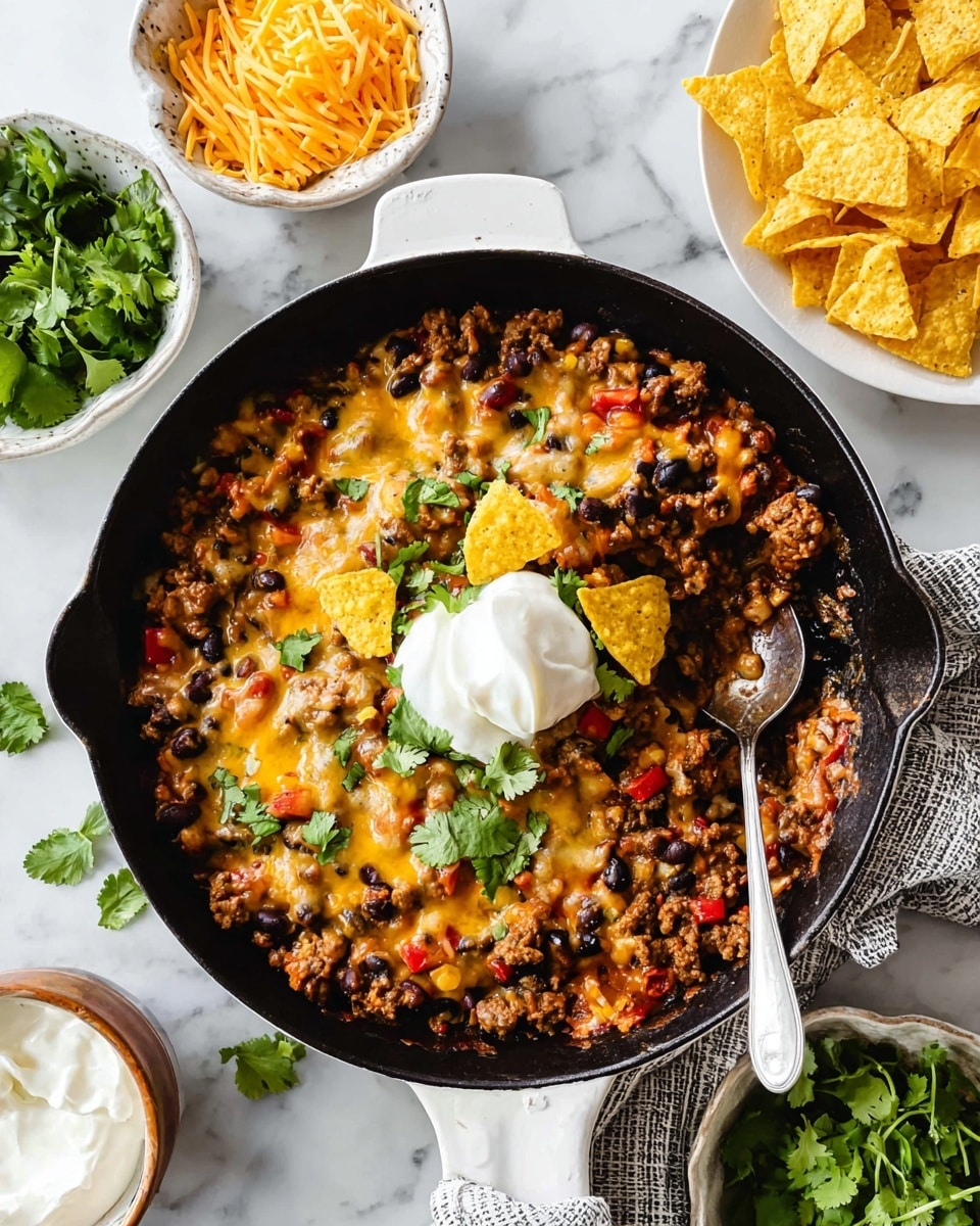 A black cast iron skillet with a white handle cover sits on a white marbled surface, filled with a thick layer of melted golden-yellow cheese mixed with cooked black beans and browned ground meat with small pieces of red bell pepper. On top of this mixture, there is a dollop of white sour cream in the middle, fresh green cilantro leaves scattered around, and a few yellow tortilla chips placed at the top edge. A silver spoon rests inside the skillet on the right. Surrounding the skillet are bowls of shredded pale orange cheese and fresh green cilantro leaves, a white plate holding more yellow tortilla chips, and a bowl of white sour cream. Photo taken with an iphone --ar 4:5 --v 7