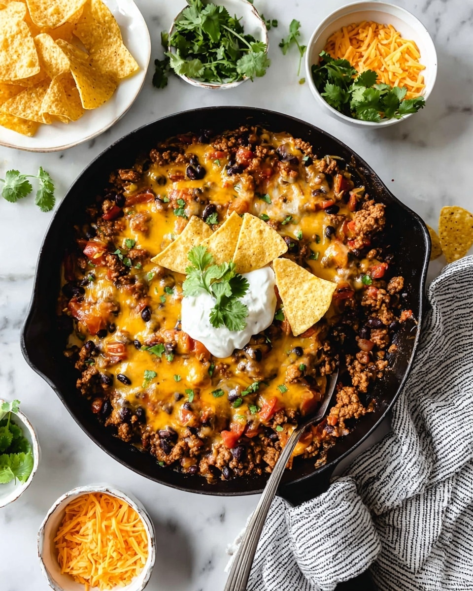 A black skillet filled with a layered dish showing browned ground meat mixed with black beans and diced tomatoes, topped with melted yellow cheese that covers the whole surface unevenly. In the center, there is a dollop of white sour cream garnished with fresh green cilantro leaves scattered on top. Four triangular yellow corn chips are placed near the sour cream. The skillet handle is wrapped in a gray and white striped cloth. Around the skillet on a white marbled surface are small white bowls with bright orange shredded cheese and fresh green cilantro. There is a white plate with more yellow corn chips visible on the left side. A silver spoon is partially submerged in the food near the chips. Photo taken with an iphone --ar 4:5 --v 7