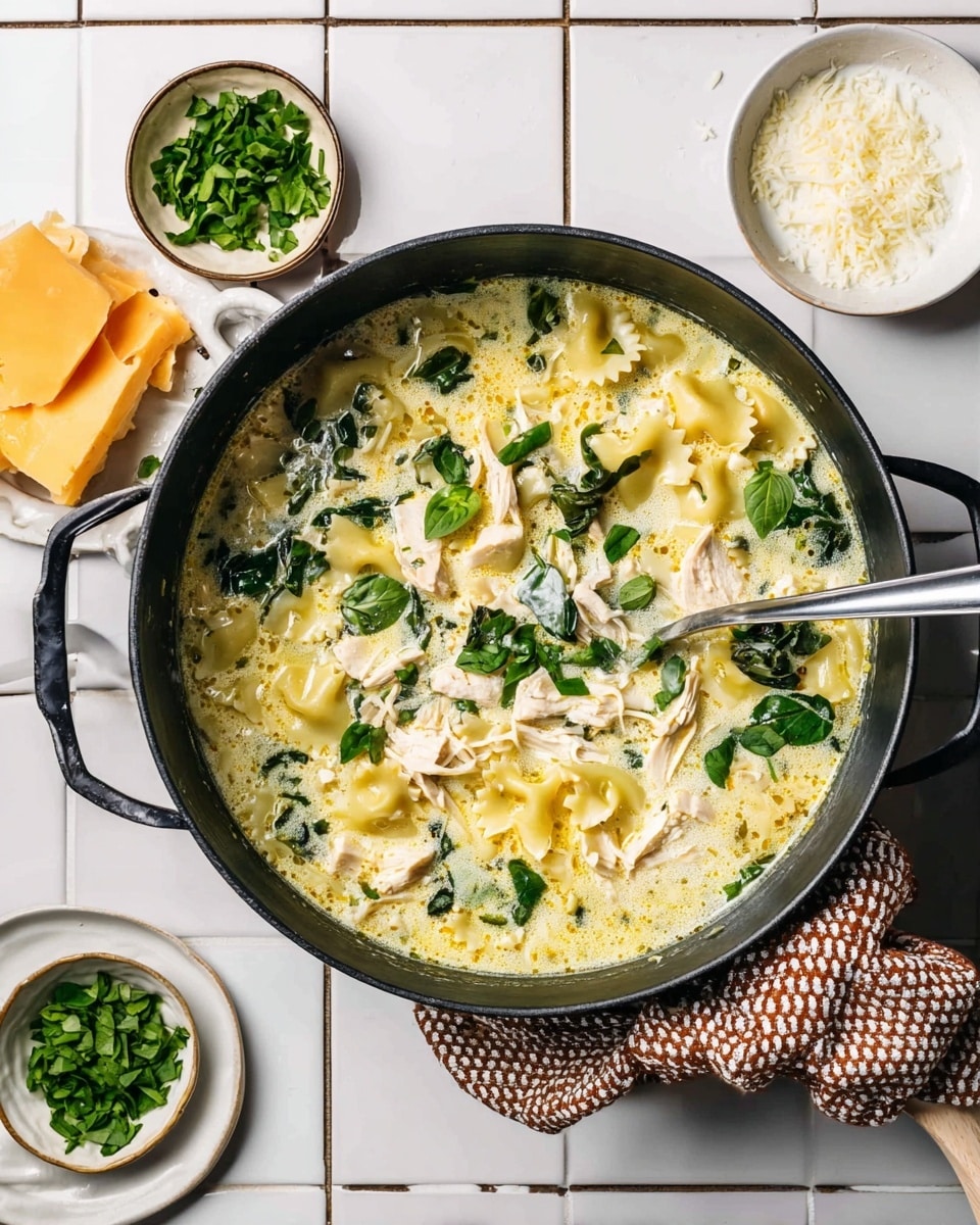 A black pot filled with creamy soup showing three key layers: a light yellow creamy broth making up most of the top, scattered bright green fresh basil leaves on the surface, and light beige shredded chicken mixed with spinach and wide, flat pasta pieces with ruffled edges sitting underneath the basil. A silver ladle rests inside the pot, partially submerged, with its handle angled out to the right. Around the pot, there is a small white bowl of chopped green basil leaves on the bottom left, a white plate with a block of yellow cheese and some white grated cheese on the top right, and a small white bowl of white cream to the right. The pot handle is covered with a brown and beige checkered cloth, the whole setup rests on a white marbled texture surface with a grid pattern. photo taken with an iphone --ar 4:5 --v 7