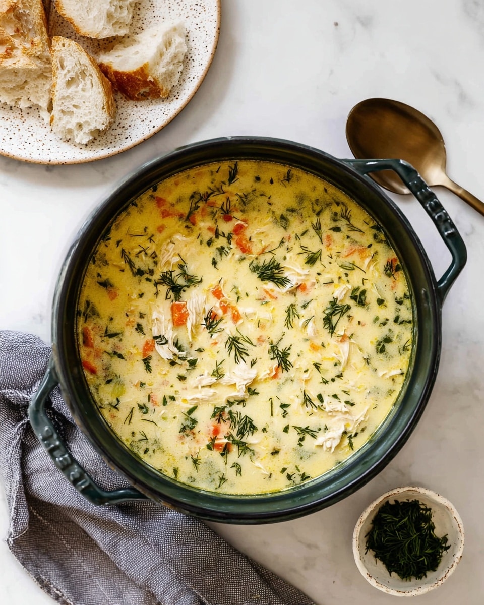 A large dark green pot filled with creamy light yellow soup with visible small pieces of orange carrot, green herbs, and white shredded chicken throughout. The surface of the soup is sprinkled with fresh green dill. The pot is placed on a white marbled surface with a gray cloth near its handle. To the left, there is a white plate with torn pieces of bread and a small white bowl containing chopped green herbs. A beige speckled plate with a large bronze spoon rests above the pot. photo taken with an iphone --ar 4:5 --v 7