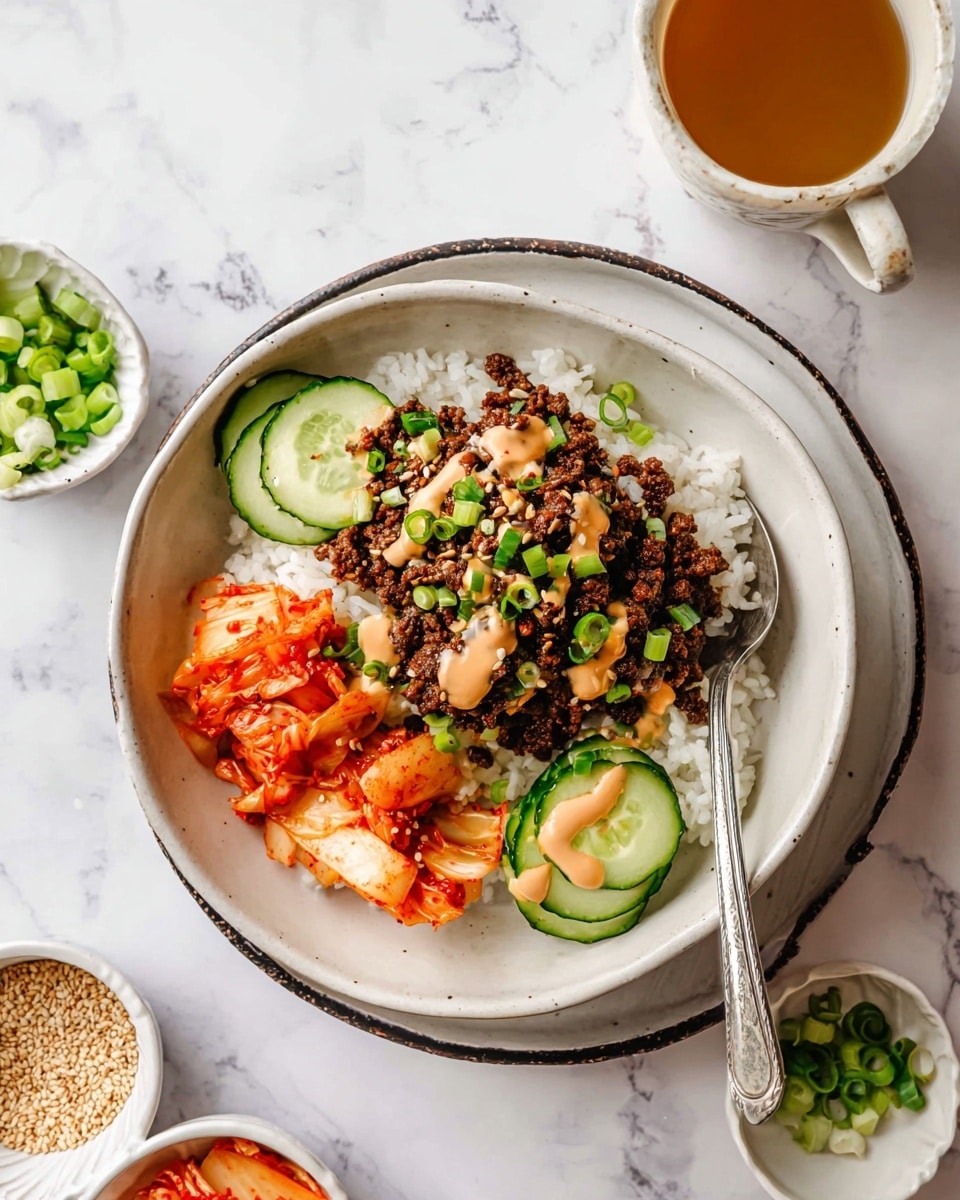 A white bowl filled with a base layer of white rice, topped with a layer of dark brown cooked minced meat drizzled with a light beige sauce and sprinkled with small green onion pieces. On one side, there are fresh green cucumber slices, and next to them, bright orange kimchi with red and white hues. A silver spoon rests inside the bowl on the right side. The bowl is placed on a white plate with a dark rim, all set on a white marbled surface. Around the bowl are small white dishes containing sesame seeds and chopped green onions, with a cup of light brown tea nearby. Photo taken with an iphone --ar 4:5 --v 7