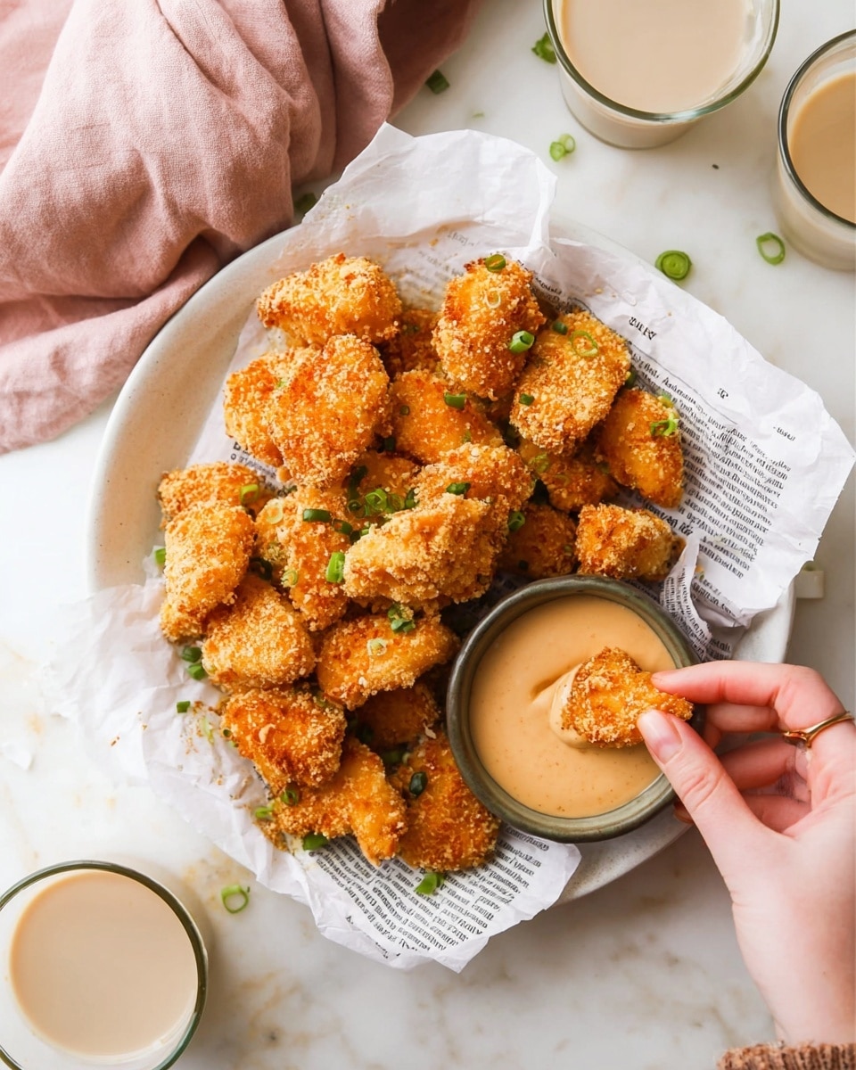 A white plate is full of golden crispy chicken nuggets scattered with small green onion pieces, all resting on slightly crumpled parchment paper with printed text underneath. On the right side of the plate, there is a small bowl of creamy light brown sauce with a spoon inside it. A woman's hand is dipping a single nugget into the sauce, showing the nugget half-coated. The plate and bowl sit on a white marbled surface with a soft pink cloth partially visible in the top left corner, and there are two glasses of a light beige drink around the plate. Photo taken with an iphone --ar 4:5 --v 7