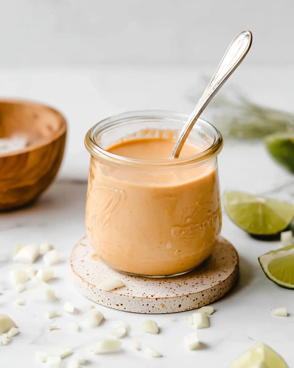 A clear glass jar filled with a smooth, creamy light orange sauce sits centered on a round beige speckled coaster. A silver spoon is placed inside the jar, leaning towards the back. The jar is surrounded by scattered white onion peels and green lime wedges on a white marbled surface, with a small wooden bowl partially visible on the left side. The background is plain white with soft lighting highlighting the textures and colors. photo taken with an iphone --ar 4:5 --v 7