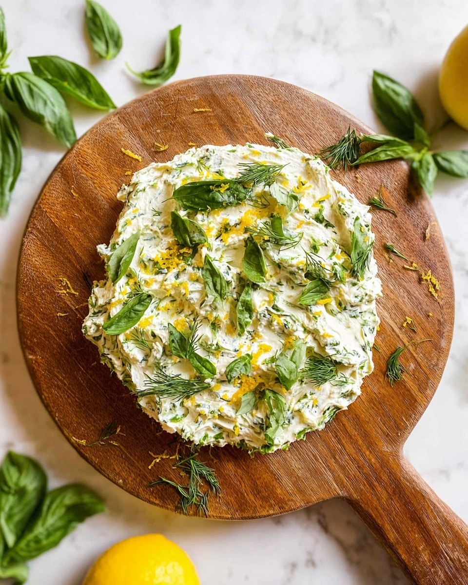 A wooden round cutting board holds a creamy white spread mixed with green herbs, giving it a textured and slightly chunky look. On top, fresh green basil and dill leaves are scattered, along with small flecks of bright yellow lemon zest. The leafy herbs add a touch of depth and freshness to the creamy base, which has visible specks of dark green herbs throughout. Around the board are fresh basil leaves, sprigs of dill, and a whole lemon, all resting on a white marbled surface. Photo taken with an iphone --ar 4:5 --v 7