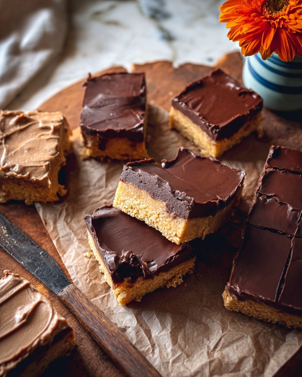 The image shows several square dessert bars on brown parchment paper over a wooden board. Most bars have two layers: a light golden bottom layer with a rough texture, and a thick, glossy dark chocolate top layer that has smooth and slightly wrinkled texture. One bar near the bottom left has a light brown creamy frosting layer instead of chocolate. A dark knife with a wooden handle lies diagonally among the bars, partially under one, and there is an orange flower in a small blue and white cup at the top right corner. The overall setting is warm and rustic with a white marbled texture background. photo taken with an iphone --ar 4:5 --v 7