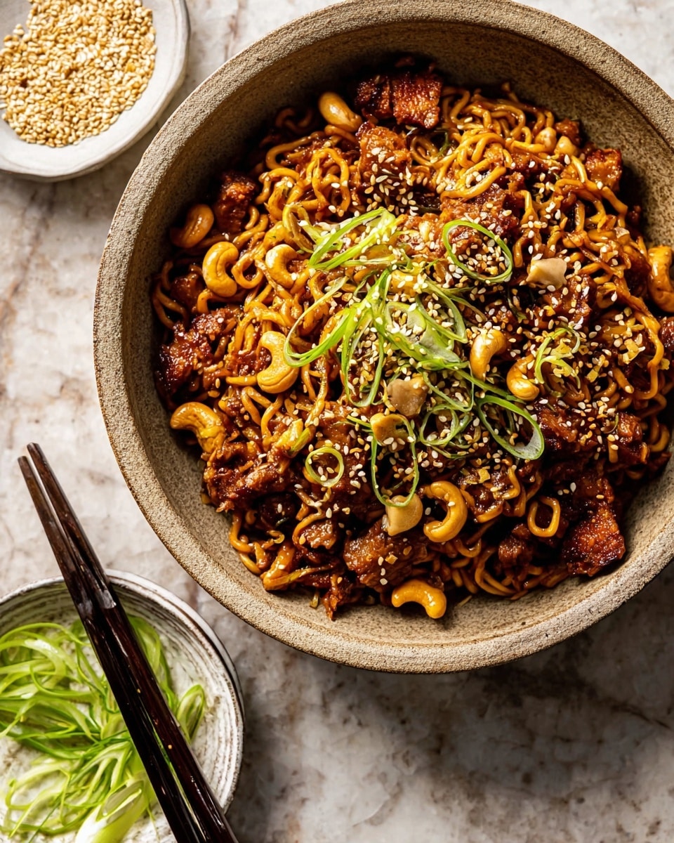 A bowl filled with dark brown cooked noodles mixed with pieces of browned meat and light brown cashews, topped with bright green thin strips of scallions and light sesame seeds scattered over the top. The noodles and meat create a textured, tangled base layer, while the cashews are spread unevenly around. The bowl is a natural stone color with a rough texture. To the side, there is a small white dish containing raw sesame seeds and sliced green onions on a white marbled surface. A pair of dark chopsticks rests on the edge of the bowl. Photo taken with an iphone --ar 4:5 --v 7