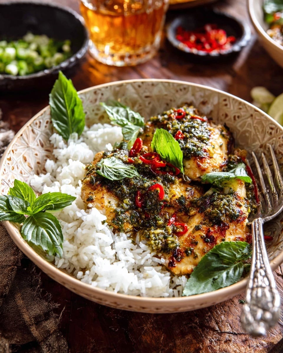 A bowl with a patterned light beige inside is filled with a base layer of fluffy white rice that takes up most of the bowl, topped by two pieces of golden brown grilled chicken coated in a green herb sauce with small bits of red chili pepper scattered on top, garnished with fresh green basil leaves placed around and on top of the chicken. A decorative silver fork rests inside the bowl on the right side. The bowl is placed on a rustic brown wooden table with a small black bowl containing chopped green onions and glasses with amber liquid in the background. photo taken with an iphone --ar 4:5 --v 7
