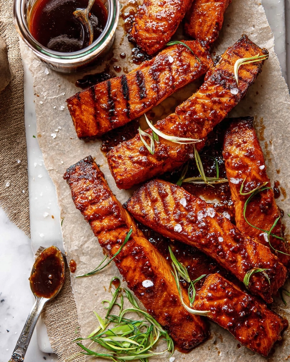 Several thick, grilled salmon fillets with a shiny, spicy reddish-brown glaze are arranged closely on a piece of parchment paper over a white marbled surface. The fillets have visible grill marks and a glossy texture from the sauce, with small flakes of coarse salt sprinkled on top. A few thin green herb strips are scattered over the salmon, adding a fresh touch. To the top left, there is a small jar filled with dark sauce, next to the salmon. To the right, a small pile of chopped herbs and some long, thin green onion slices rest on the parchment. A silver spoon with some sauce on it lies at the lower left part of the image. The overall look is rich, warm, and appetizing. photo taken with an iphone --ar 4:5 --v 7