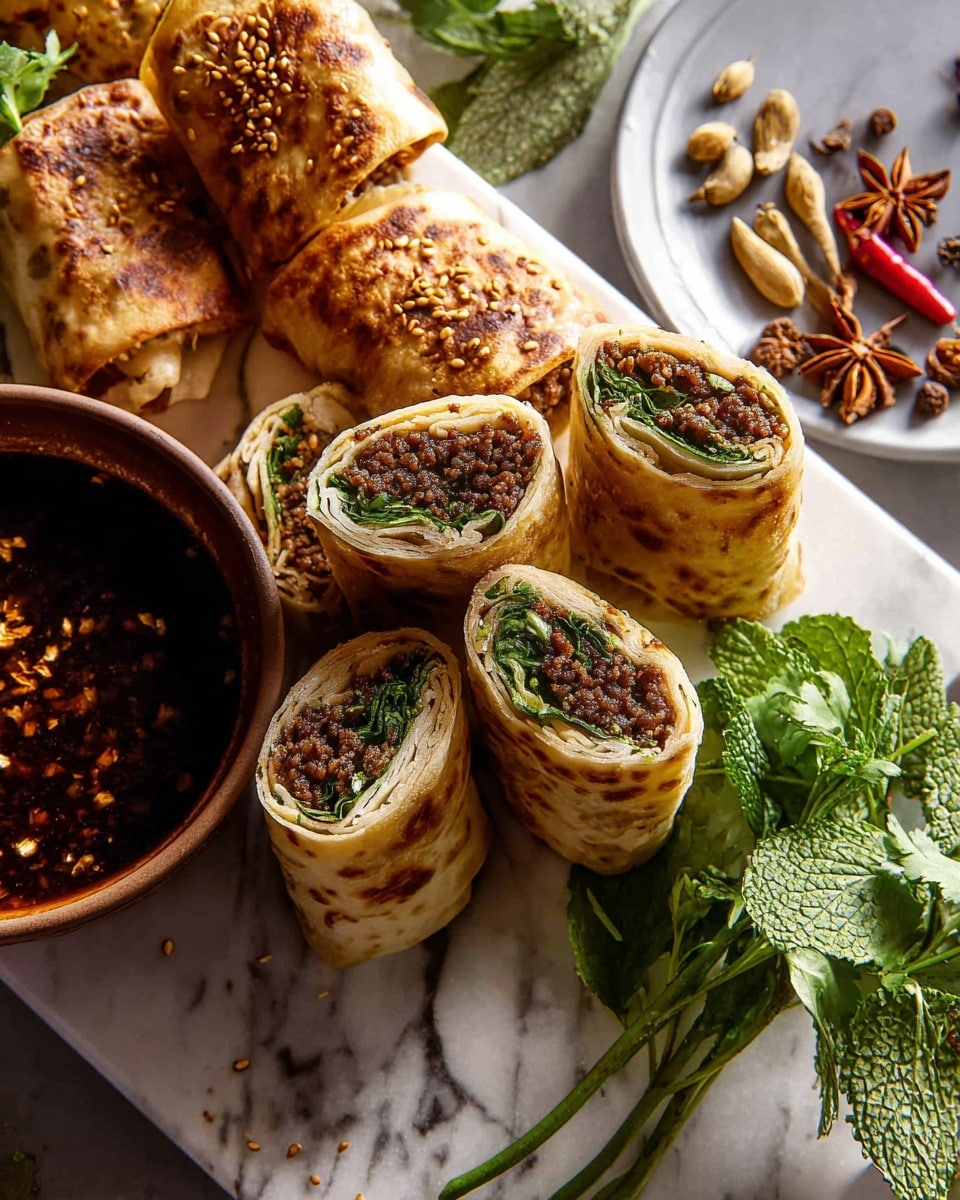 A group of six rolled flatbreads cut in half, tightly packed with a three-layer filling: the bottom layer is fresh green herbs, the middle layer is a light beige soft paste, and the top layer is a dark brown minced mixture. The rolls have a golden-brown, slightly crispy outer crust with small toasted spots. They are arranged on a white marbled surface, accompanied by a brown bowl filled with a thick dark brown sauce sprinkled with sesame seeds and garlic slices. Fresh green herbs rest beside the rolls, and a white plate with various colorful spices and star anise is partially visible in the background. photo taken with an iphone --ar 4:5 --v 7