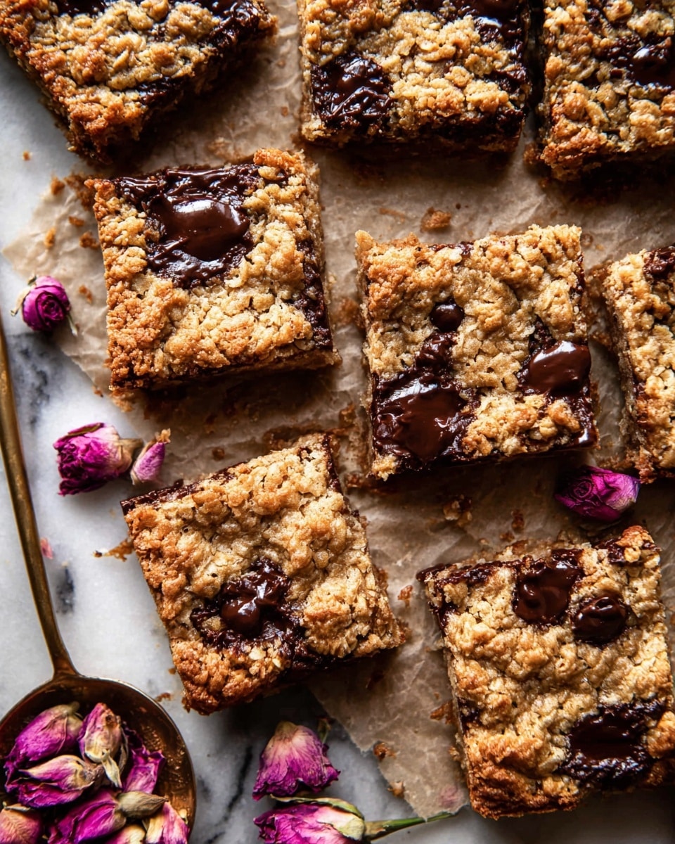 The image shows several square oatmeal chocolate chip bars placed closely on parchment paper over a white marbled surface. Each bar has a golden-brown top layer with a rough, crumbly texture and visible chocolate chips melted into and slightly on top of the surface, creating shiny dark brown spots. In between the bars, there are dried pink rosebuds scattered for decoration, and a small brass spoon filled with more dried rose petals rests next to the bars. The bars have an uneven, homemade look, with some pieces slightly larger than others and the edges a bit more browned. photo taken with an iphone --ar 4:5 --v 7