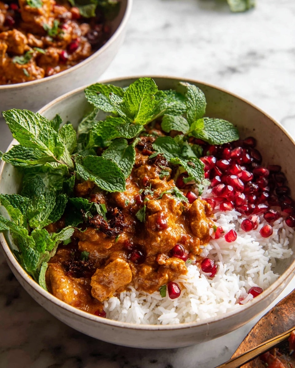 A white bowl with three main layers: the bottom layer is soft, white rice spread evenly, the middle layer is a rich, orange-brown creamy curry with chunks of chicken, and the top layer is bright green fresh mint leaves and shiny red pomegranate seeds placed on one side for color contrast, all sitting on a white marbled surface with another bowl of similar ingredients in the background. Photo taken with an iphone --ar 4:5 --v 7