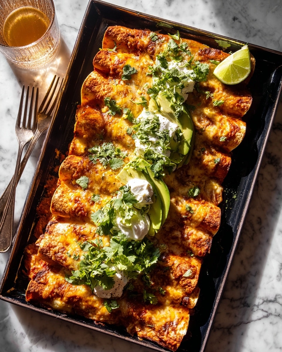 A rectangular black tray holds 12 rolled enchiladas arranged in three rows of four, each covered with melted golden-brown cheese showing some bubbly and slightly crispy spots. On top of the enchiladas are several dollops of white sour cream, fresh green cilantro leaves, and sliced avocado fanned out in small clusters. A lime wedge rests near the top right corner of the tray. The tray sits on a white marbled surface next to a fork and a glass filled with a light brown drink. The sunlight casts warm highlights and soft shadows, enhancing the textures and colors. photo taken with an iphone --ar 4:5 --v 7