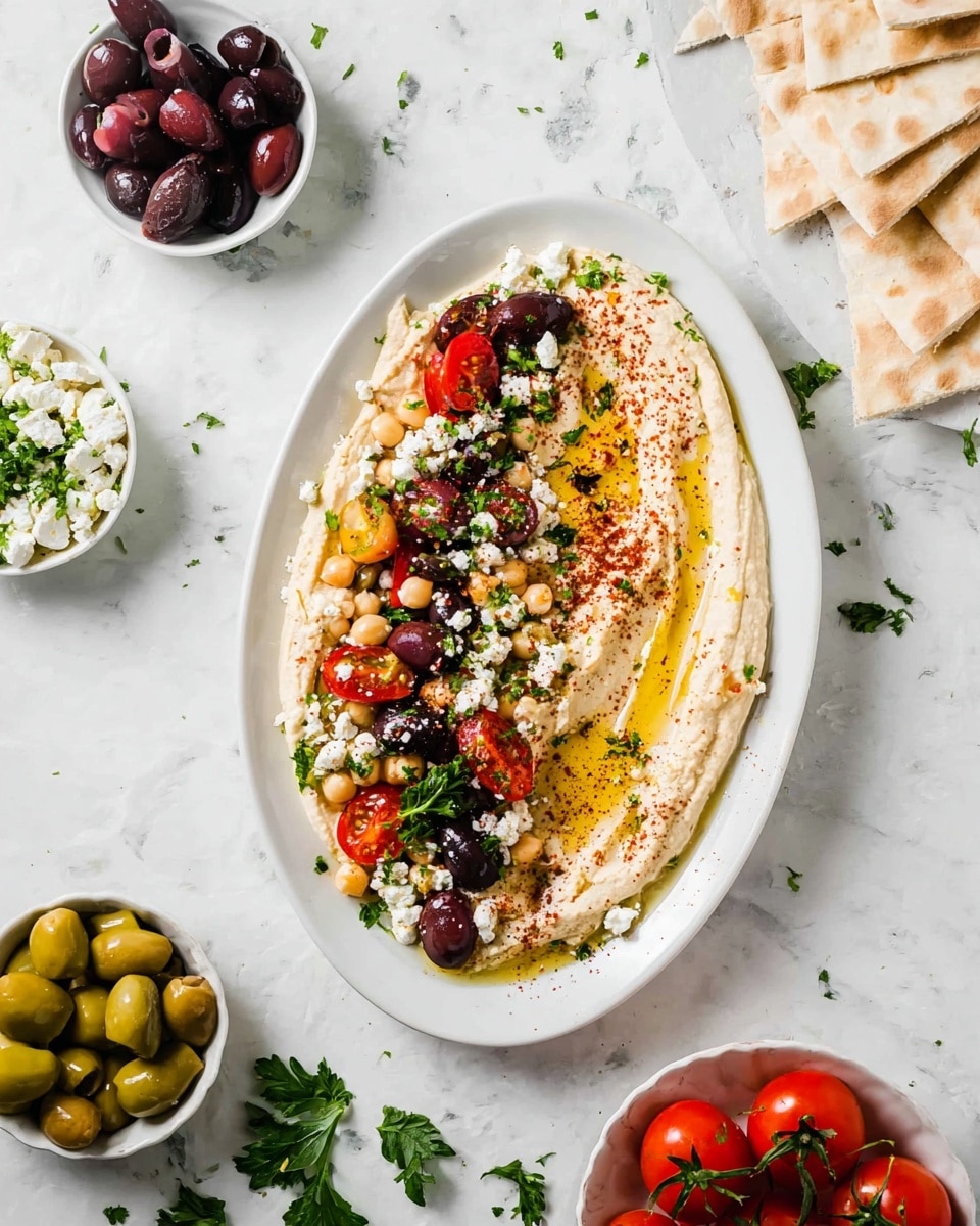 A white oval plate holds a creamy beige hummus base smoothly spread with visible swipe marks, garnished generously with a drizzle of golden olive oil and a light dusting of red spice, likely sumac. On half the plate, there is a vibrant mix layered with small red cherry tomato halves, large green olives, dark purple olives, soft white crumbled cheese, beige chickpeas, and bright green parsley leaves scattered on top. Surrounding the plate are small white bowls filled with green olives, crumbled white cheese, and dark purple olives, with fresh vine tomatoes and light pita bread pieces on a white marbled surface. photo taken with an iphone --ar 4:5 --v 7