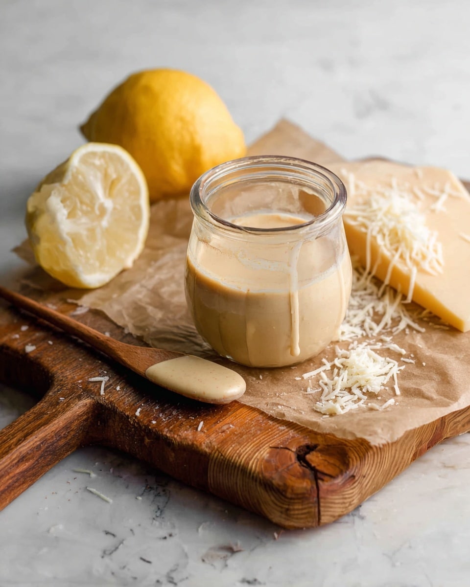 A small clear glass jar filled with smooth, light beige sauce sits on brown parchment paper over a wooden cutting board with a knot on the side, accompanied by a wooden stick with some sauce on it. To the left of the jar, there is a halved yellow lemon, a small block of hard cheese, and shredded cheese sprinkled on the parchment. The whole setup is on a white marbled surface. photo taken with an iphone --ar 4:5 --v 7