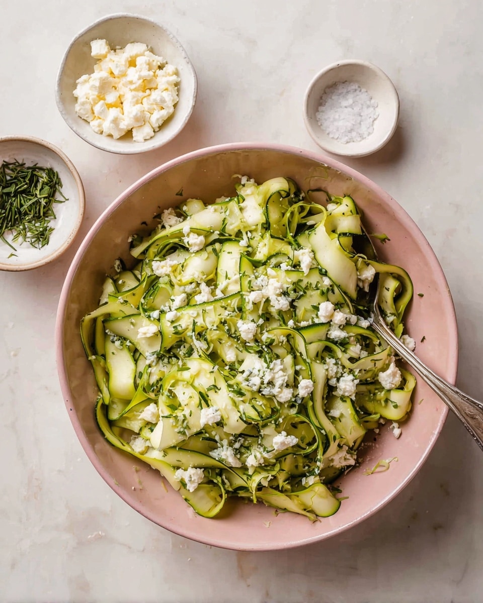 A pink bowl filled with thin, wide ribbons of light green zucchini layered loosely, mixed with scattered small white chunks of crumbly cheese and sprinkled with small green herb pieces all over. A silver spoon rests inside the bowl on the right side. Around the bowl, on a white marbled surface, are small white bowls with white cheese, chopped herbs, and salt. The whole scene looks fresh and light. photo taken with an iphone --ar 4:5 --v 7