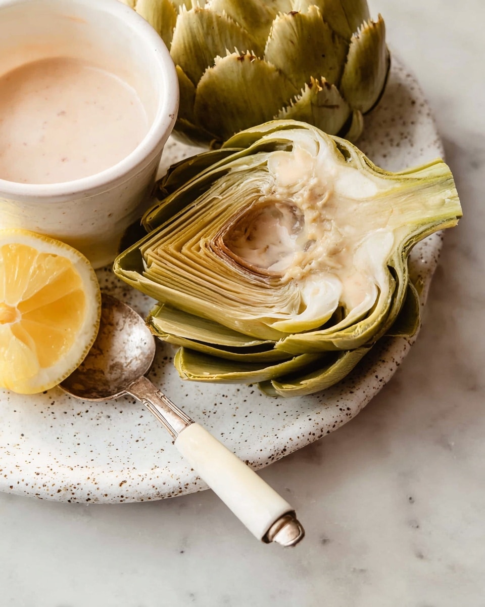 The image shows a close-up of a steamed artichoke cut in half, resting on a white speckled plate. The artichoke has multiple layers of light green to pale yellow petals with a soft, slightly fuzzy texture near the base. One half reveals the heart with a creamy, smooth center surrounded by tightly packed leaves. A small silver spoon with a cream-colored handle lies next to the artichoke, touching a lemon wedge with bright yellow flesh and rind. In the upper left corner, there is a white bowl filled with a light pink creamy dipping sauce. The entire dish is placed on a white marbled surface. photo taken with an iphone --ar 4:5 --v 7
