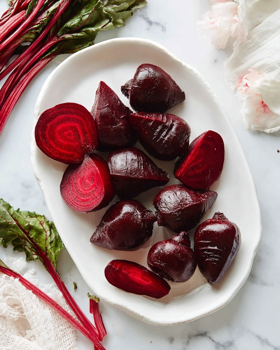 There is a white oval plate filled with ten dark red beet pieces arranged in a loose circle. The beets vary in texture, some with smooth shiny surfaces and others showing bright red inner layers with visible rings, exposing their juicy texture. Around the plate on a white marbled surface, cut beet stems and leaves in dark green and red are placed, adding natural color contrast. The overall scene is bright with natural light. photo taken with an iphone --ar 4:5 --v 7