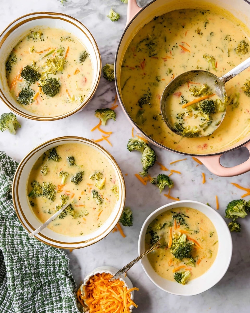 The image shows bowls and a pot filled with creamy broccoli cheddar soup. Each bowl has a thick, pale yellow soup base with visible pieces of green broccoli florets and thin orange shredded carrots spread evenly throughout. The main soup pot is white with a soft pink handle, filled with the same soup, and a ladle resting inside scooping up some broccoli and soup. The bowls are white with different designs, one with gold stripes on the rim and another plain, all placed on a white marbled surface with scattered broccoli pieces and shredded cheese around them. A green and white checkered cloth lies near one bowl, and a small white bowl of shredded orange cheddar cheese is also visible. Photo taken with an iphone --ar 4:5 --v 7