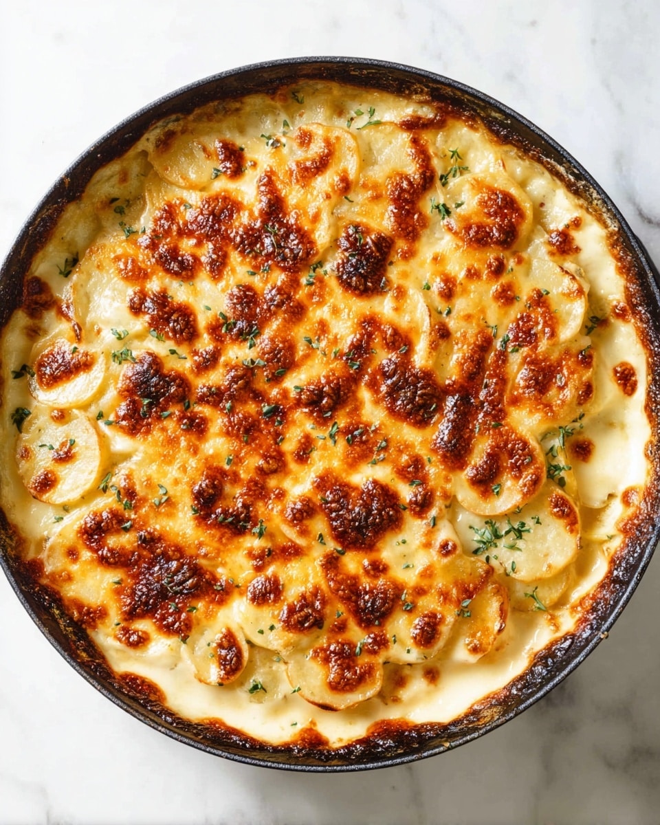 A round pan filled with a creamy, baked dish that has a thick top layer of golden brown melted cheese with small darker, crispy burnt spots scattered across the surface. Underneath the cheese, pale yellow sliced potatoes are visible, layered evenly throughout. Tiny green herb leaves are sprinkled sparingly on top, adding a touch of color contrast. The pan's edge is slightly charred and the pan itself rests on a white marbled surface. photo taken with an iphone --ar 4:5 --v 7