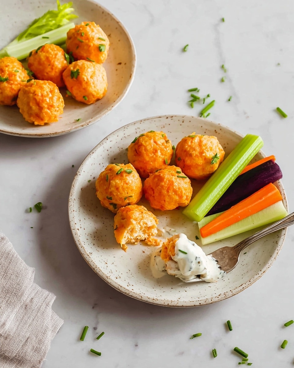 The image shows two white speckled plates on a white marbled surface. Each plate holds six orange-colored small round balls, likely made from vegetables or cheese, with a soft texture. On one plate, bright green celery sticks, orange carrot sticks, a purple carrot stick, and a pale green scallion are neatly placed in a bundle next to the balls. There is a white creamy sauce served on the side of the balls, spreading slightly on the plate. A silver fork rests on the edge of the plate with a piece of the orange ball dipped in the creamy sauce. Small green chopped herbs, possibly chives, are scattered lightly around the plates and on the white marbled surface. Photo taken with an iphone --ar 4:5 --v 7