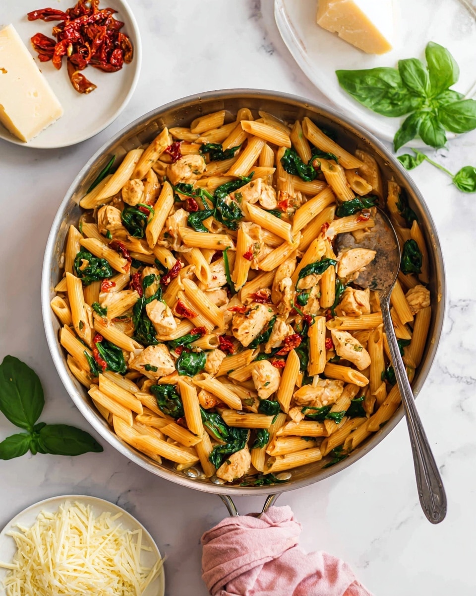 A large round pan filled with cooked penne pasta mixed with pieces of cooked chicken and fresh spinach leaves, all coated in a light sauce giving the pasta a warm orange tint. Small bits of red sun-dried tomatoes are scattered throughout, adding color contrast. A large silver spoon rests inside the pan on the right side. The pan handle is wrapped with a soft pink cloth. Around the pan on a white marbled surface are fresh green basil leaves, a small white dish holding more sun-dried tomatoes, and a small white plate with a large wedge of pale yellow cheese on shredded white cheese. Photo taken with an iphone --ar 4:5 --v 7