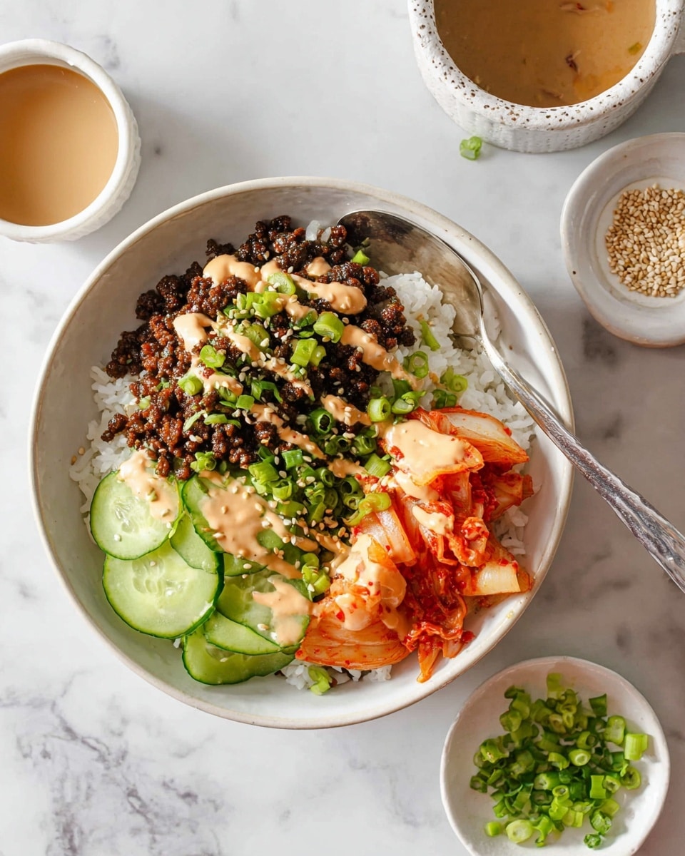 The dish is served in a white bowl filled with three distinct sections over a base of white rice. On the left side, there is a layer of dark, crispy cooked ground meat topped with a drizzle of creamy light tan sauce and sprinkled with small green scallions and sesame seeds. The top right section has fresh, bright green cucumber slices with a smooth texture, also lightly drizzled with the tan sauce. The bottom right contains vibrant reddish-orange kimchi pieces with a slightly wet, crunchy texture, garnished with more scallions. The bowl sits on a white marbled surface, next to a silver spoon resting inside the bowl on the right, a small white dish with sesame seeds, a cup of light brown sauce, and a small white bowl with chopped scallions scattered around. photo taken with an iphone --ar 4:5 --v 7