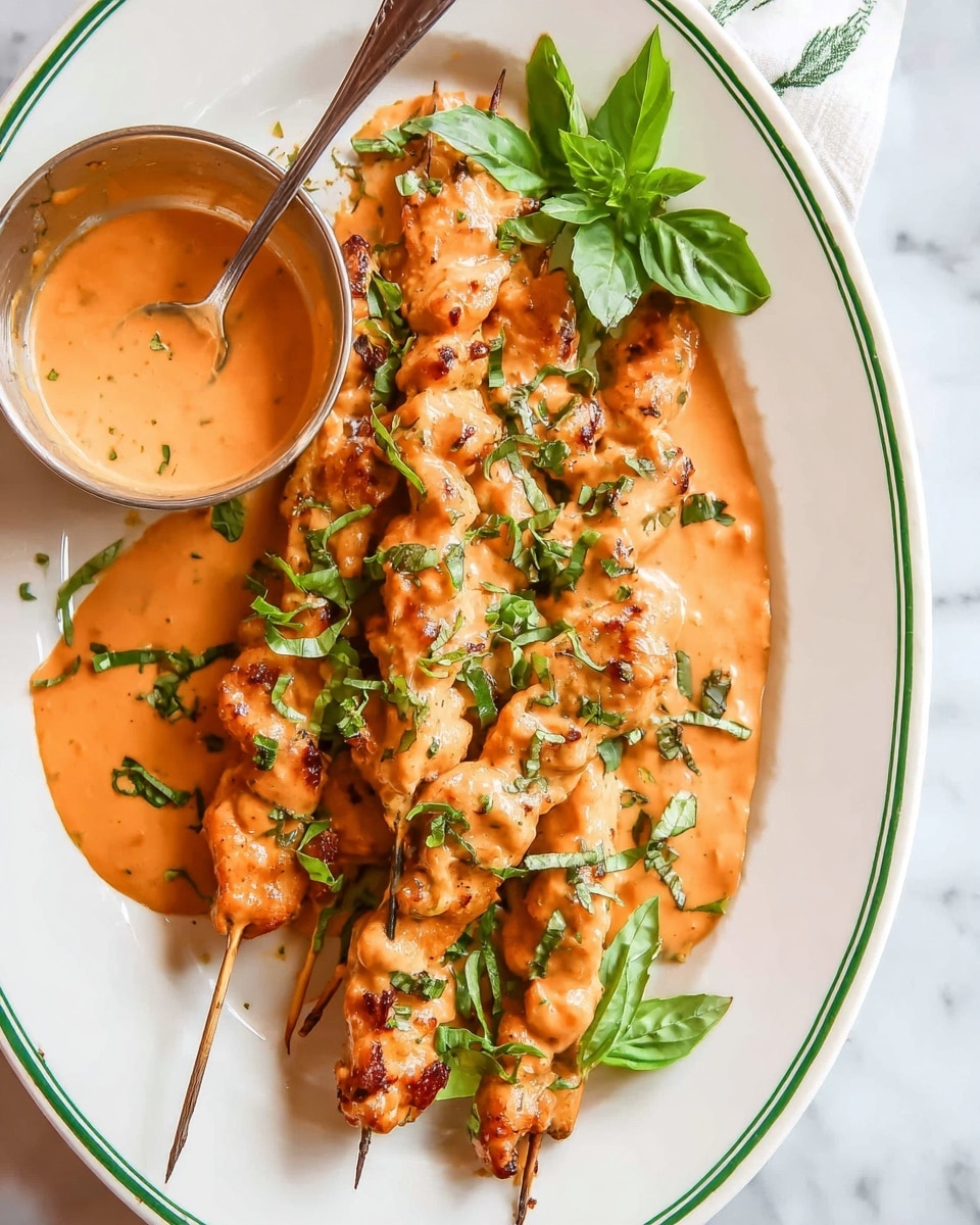 The dish shows five skewers of creamy orange-colored chicken covered in a rich sauce, arranged closely together on a white oval plate with green trim. The sauce has a smooth, slightly chunky texture with herbs sprinkled on top, and fresh green basil leaves are scattered over the chicken. A small metal bowl filled with the same orange sauce sits on the plate’s upper left with a small spoon inside it. The background is a white marbled surface, adding a clean and light feel to the image. photo taken with an iphone --ar 4:5 --v 7