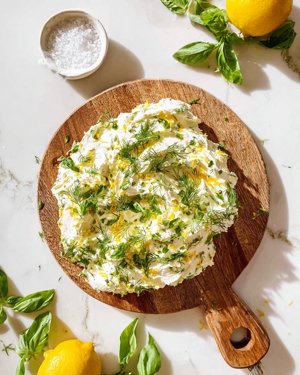 A wooden round cutting board with a handle holds a creamy spread made from white cheese mixed with finely chopped green herbs. The cheese mixture has a soft, whipped texture, spread unevenly across the board, and is topped with fresh small green basil leaves and delicate dill sprigs. Small spots of bright yellow lemon zest are scattered on top, adding a pop of color. Around the board on a white marbled surface, fresh green basil leaves and dill sprigs lie beside a whole lemon and a small white bowl filled with coarse salt. The lighting is bright and natural, creating a clean and fresh look. Photo taken with an iphone --ar 4:5 --v 7
