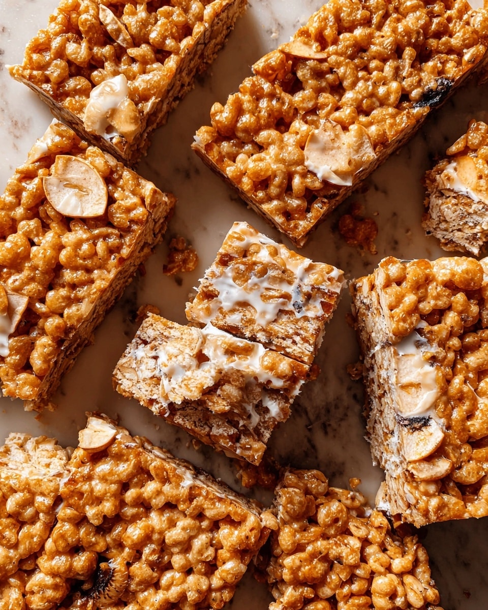 The image shows several rectangular crispy rice treats with a golden brown color, held together by melted marshmallow that creates shiny, sticky white strands between pieces. The treats contain small, dried apple slices embedded on top and inside, adding light brown patches and a rough texture. The bars are arranged closely together on a white marbled surface. The texture looks crunchy and gooey at the same time, with some spots where the marshmallow is stringy and stretching between broken pieces. photo taken with an iphone --ar 4:5 --v 7