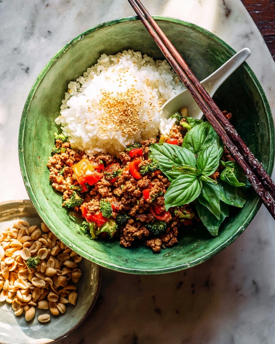 A green bowl holds a dish with two main layers: on the right side, there is a mound of white rice topped with light brown sesame seeds, and on the left, a mixture of cooked ground meat with bright red bell pepper slices and green broccoli pieces, garnished with fresh green basil leaves scattered across. Dark brown chopsticks rest across the top left of the bowl, and a white ceramic spoon sits inside the bowl partly under the meat mixture. In the background, there is a small white plate filled with coarsely chopped peanuts. The bowl and plate are placed on a white marbled texture. photo taken with an iphone --ar 4:5 --v 7
