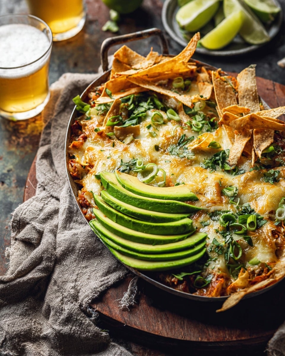 A close-up of a baked dish in a small oval pan on a round wooden board, resting on a textured gray cloth. The dish has a melted golden cheese layer on top mixed with leafy green herbs. On one side, multiple slices of bright green avocado are fanned out, and green onion pieces are scattered nearby. Crispy, thin, golden tortilla strips are piled on top, adding crunch. The dish also shows bits of cooked vegetables in a sauce layer underneath the cheese. In the background, halved limes and a glass of light beer sit on a rustic dark surface. photo taken with an iphone --ar 4:5 --v 7