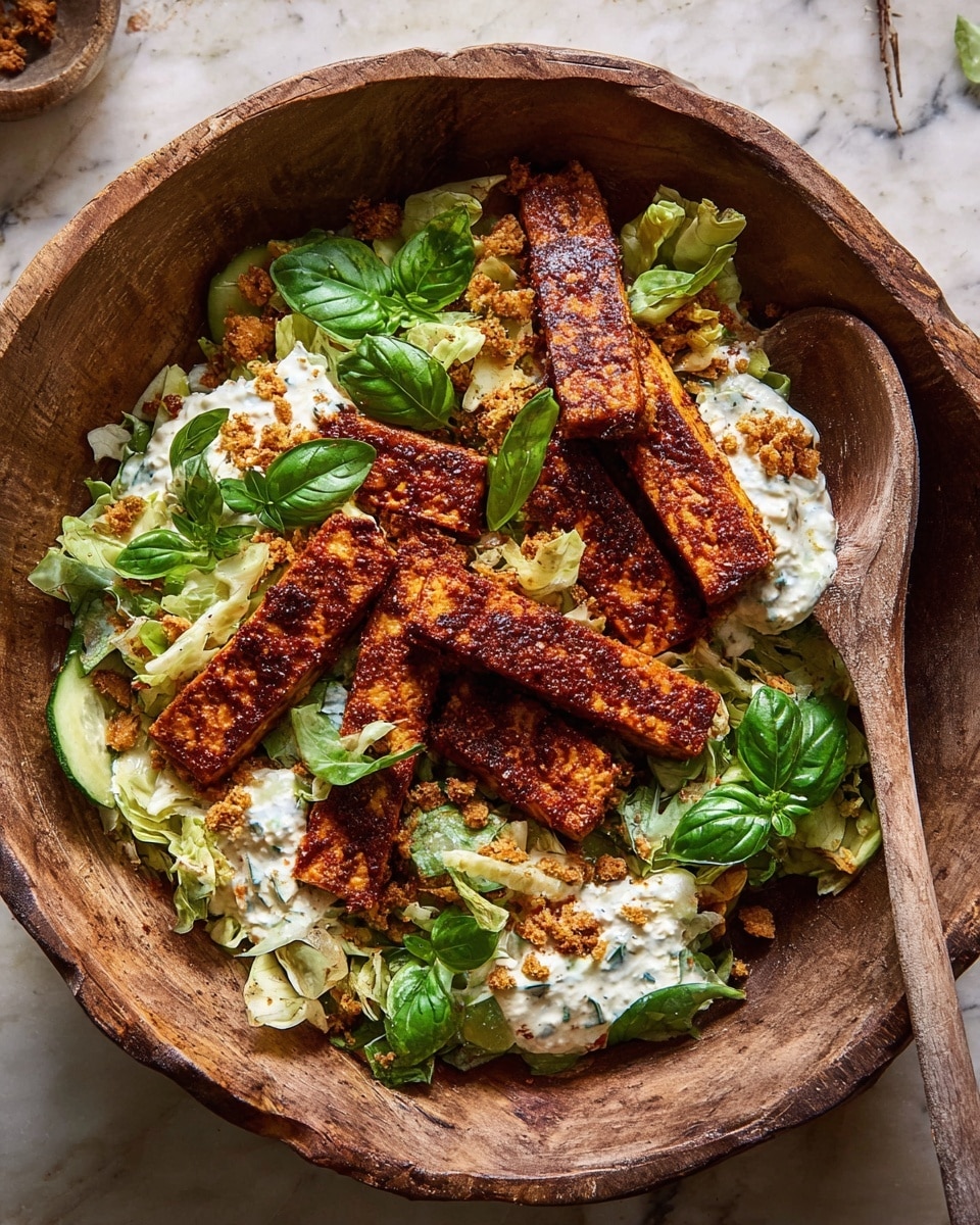 The dish is served in a rustic wooden bowl with several layers. At the bottom, there's a bed of shredded light green lettuce and thin slices of pale green vegetables. On top of this, there are creamy white dollops of sauce spread unevenly. The next layer has five thick, rectangular pieces of grilled tofu with a deep reddish-brown, slightly charred seasoning. Scattered over everything are crumbled crunchy bits with a light brown color. Fresh, dark green basil leaves are placed around and on top, adding a fresh touch. A wooden spoon is resting inside the bowl on the right side. The bowl sits on a white marbled textured surface. photo taken with an iphone --ar 4:5 --v 7