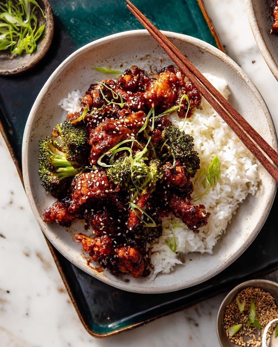 A white round plate holds a bed of white steamed rice topped with dark green roasted broccoli pieces and crispy, dark golden brown fried chicken chunks covered in a shiny, sticky reddish-brown sauce. The chicken is sprinkled with white sesame seeds and garnished with thin green onion strips in the center. Light brown wooden chopsticks rest diagonally across the top right edge of the plate. The plate sits on a dark rectangular tray, and in the background, there is a small round white bowl filled with green onion strips and sesame seeds. The surface beneath is a white marbled texture with warm sunlight casting soft shadows. photo taken with an iphone --ar 4:5 --v 7