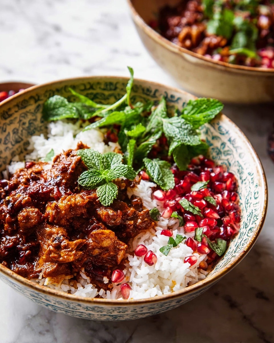 The dish is served in a patterned bowl with three main layers. The bottom layer is a fluffy white rice that fills most of the bowl's base. On one side, there is a richly sauced, dark reddish-brown chicken curry with a thick texture, covering part of the rice. The other side features bright red pomegranate seeds mixed with small bits of herbs, adding a fresh and juicy look. Fresh green mint leaves are scattered on top, adding a vibrant contrast to the deep colors below. The bowl is placed on a white marbled surface, and in the background, another similar bowl with pomegranate seeds and herbs is slightly blurred. Photo taken with an iphone --ar 4:5 --v 7