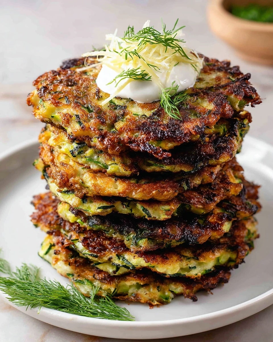A stack of seven thick zucchini fritters with golden brown, crispy edges and green flecks of zucchini and herbs visible throughout each layer sits centered on a white plate, which is on a larger white plate; the fritters have a rough texture with some charred spots, showing a homemade look. On top of the stack, there is a dollop of white sour cream garnished with bright green dill sprigs and thin strands of shredded cheese. A small sprig of dill also lies on the white marbled surface next to the plate. photo taken with an iphone --ar 4:5 --v 7
