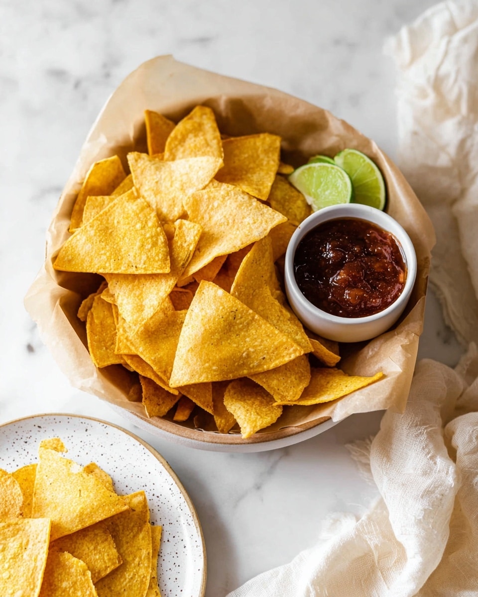 A white bowl lined with light brown parchment paper holds a pile of golden yellow triangular tortilla chips with a crispy and slightly bumpy texture. On the right side inside the bowl, a small white cup is filled with chunky dark red salsa. Two small green lime wedges are placed on the left side inside the bowl near the chips. In the bottom left corner, a white speckled plate shows a few more tortilla chips. The whole setting is on a white marbled surface with a soft cream-colored fabric loosely placed on the right side. Photo taken with an iphone --ar 4:5 --v 7