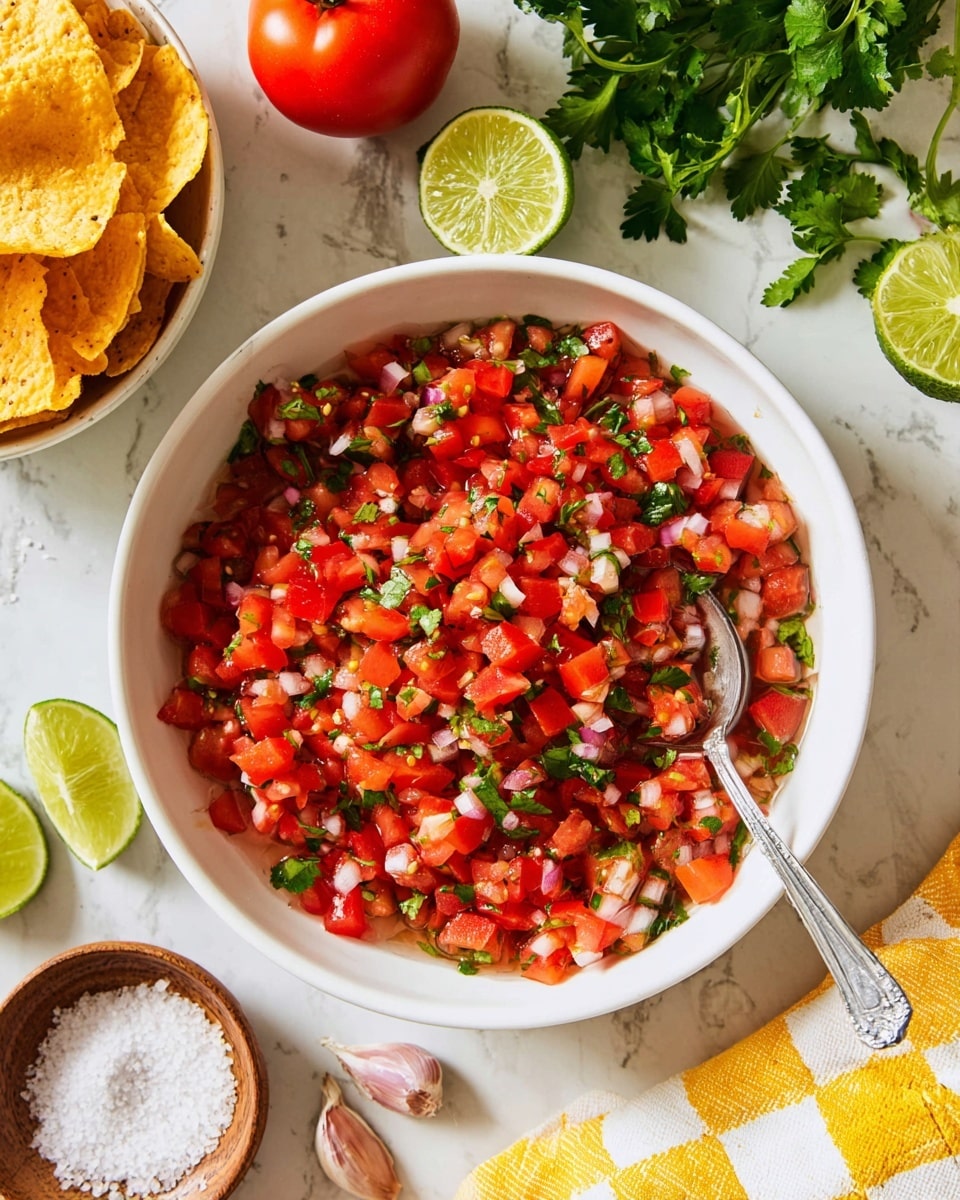 A white bowl filled with a chunky salsa made of red diced tomatoes, small white onion pieces, and chopped green cilantro evenly mixed together, creating a colorful, fresh blend. A silver spoon is resting inside the bowl on the right side. Around the bowl, there are lime halves, a sprig of cilantro, garlic cloves, a whole red tomato, a small white bowl with salt, and a white bowl filled with yellow tortilla chips. The setting is on a white marbled surface with a yellow and white checkered cloth partially visible on the bottom right. Photo taken with an iphone --ar 4:5 --v 7