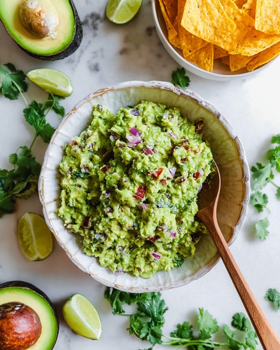 A white ridged bowl filled with chunky green guacamole mixed with small pieces of red onion and bits of tomato, with a wooden spoon resting on the right side inside the bowl. Around the bowl on a white marbled surface, there are squeezed lime halves, fresh cilantro leaves, and an avocado cut in half with its dark skin on the left bottom corner. To the upper right, there is a white bowl filled with triangular yellow corn chips, and more cilantro leaves scattered around. Photo taken with an iphone --ar 4:5 --v 7